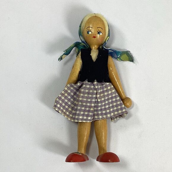 Unbranded Other - Vtg Poland Wood Peg Doll Girl Blond Hair Purple Plaid Skirt Red Shoes 7"